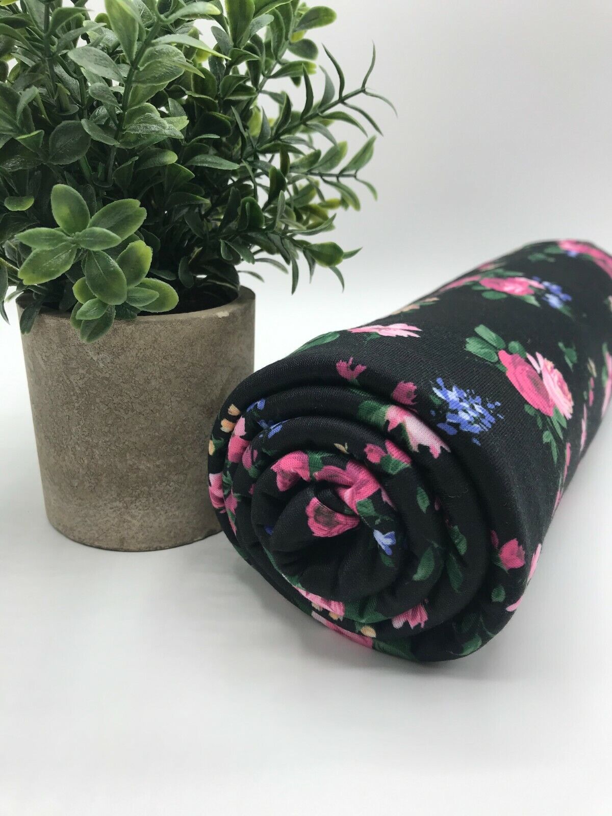 Black & Pink Rose Floral Print Spun Poly Stretch Fabric