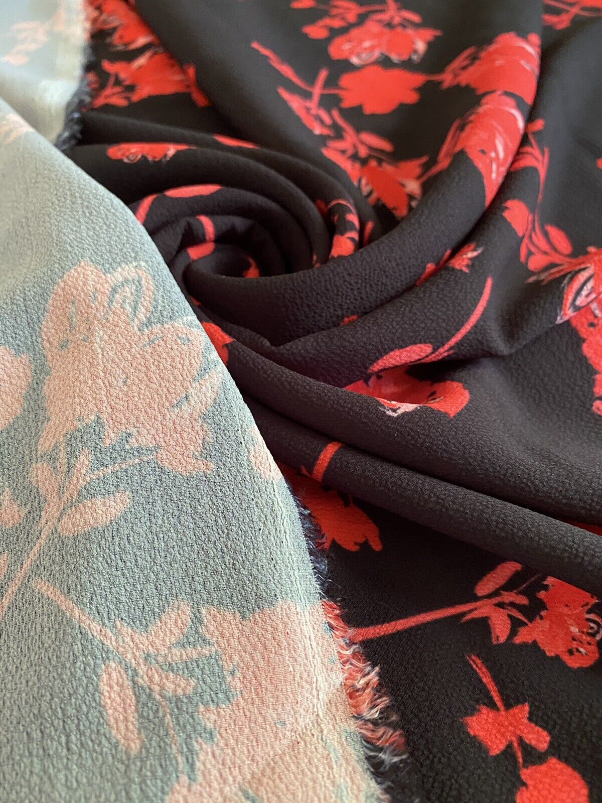 Black Red Floral Print Lightweight Bubble Crepe Non Stretch Fabric