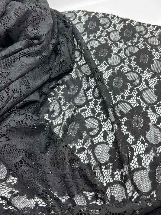 Black Scalloped Edge Floral Lace Fabric Stretch
