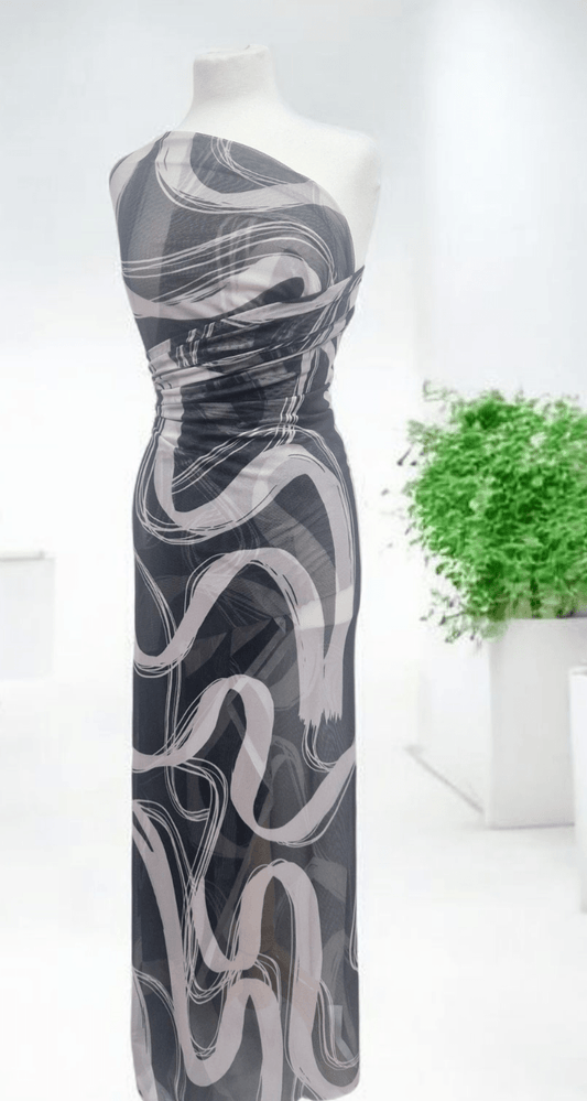 Black Swirl Print Mesh Fabric Stretch
