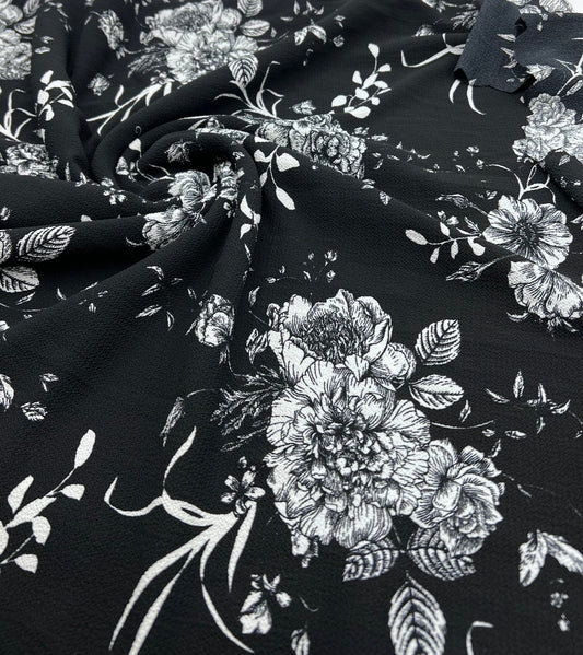 Black White Floral Print Lightweight Bubble Crepe Fabric