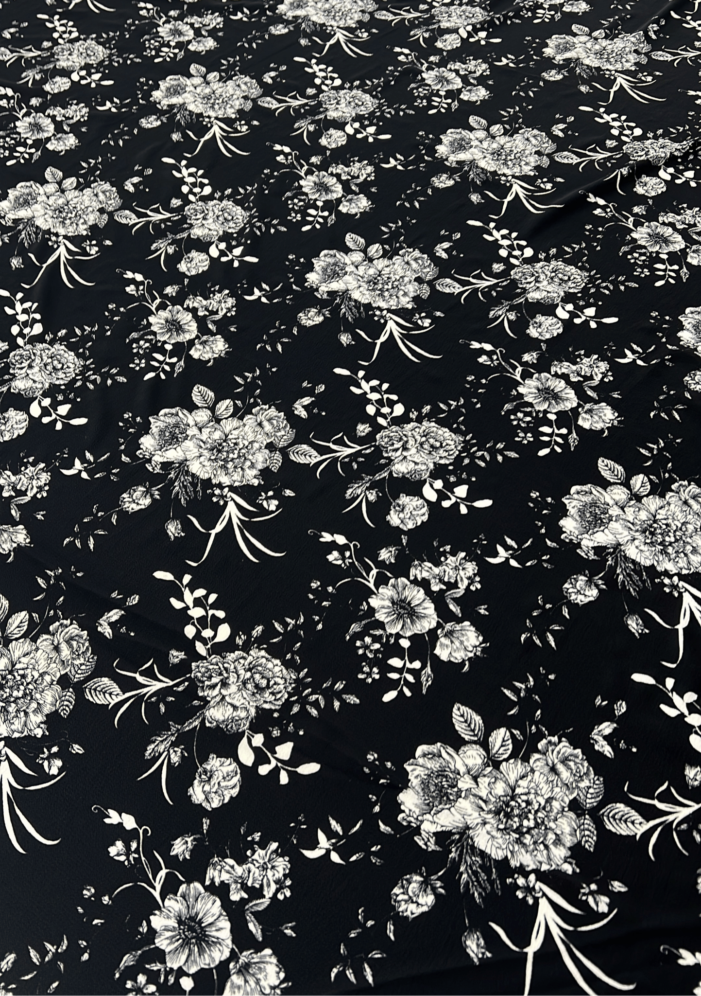 Black White Floral Print Lightweight Bubble Crepe Fabric