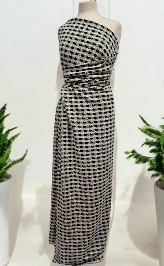 Black White Gingham Gold Speckles Jacquard Stretch Fabric