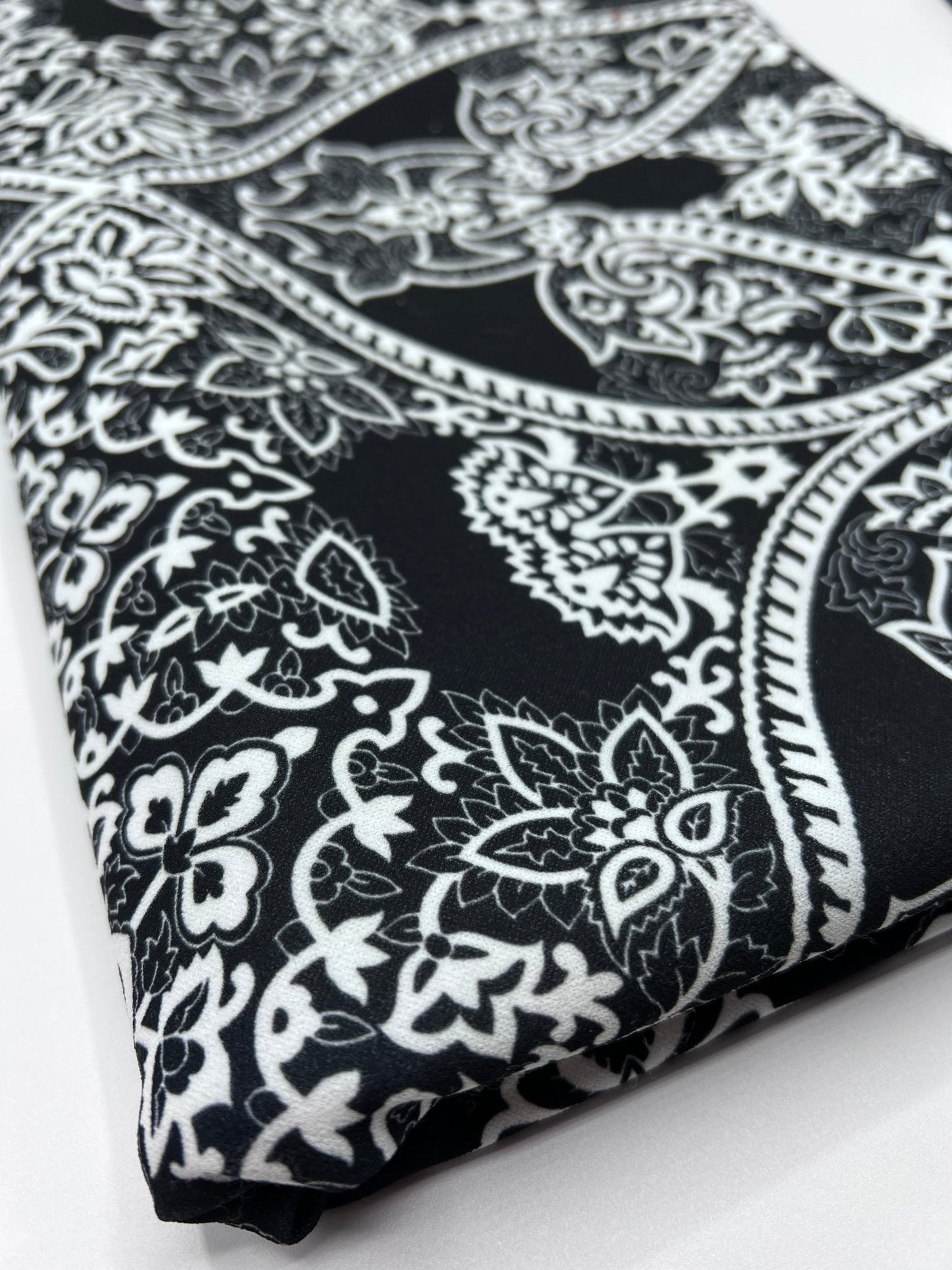 Black White Swirl Paisley Printed Scuba Crepe Jersey Fabric 4 Way Stretch
