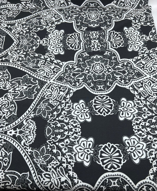 Black White Swirl Paisley Printed Scuba Crepe Jersey Fabric 4 Way Stretch