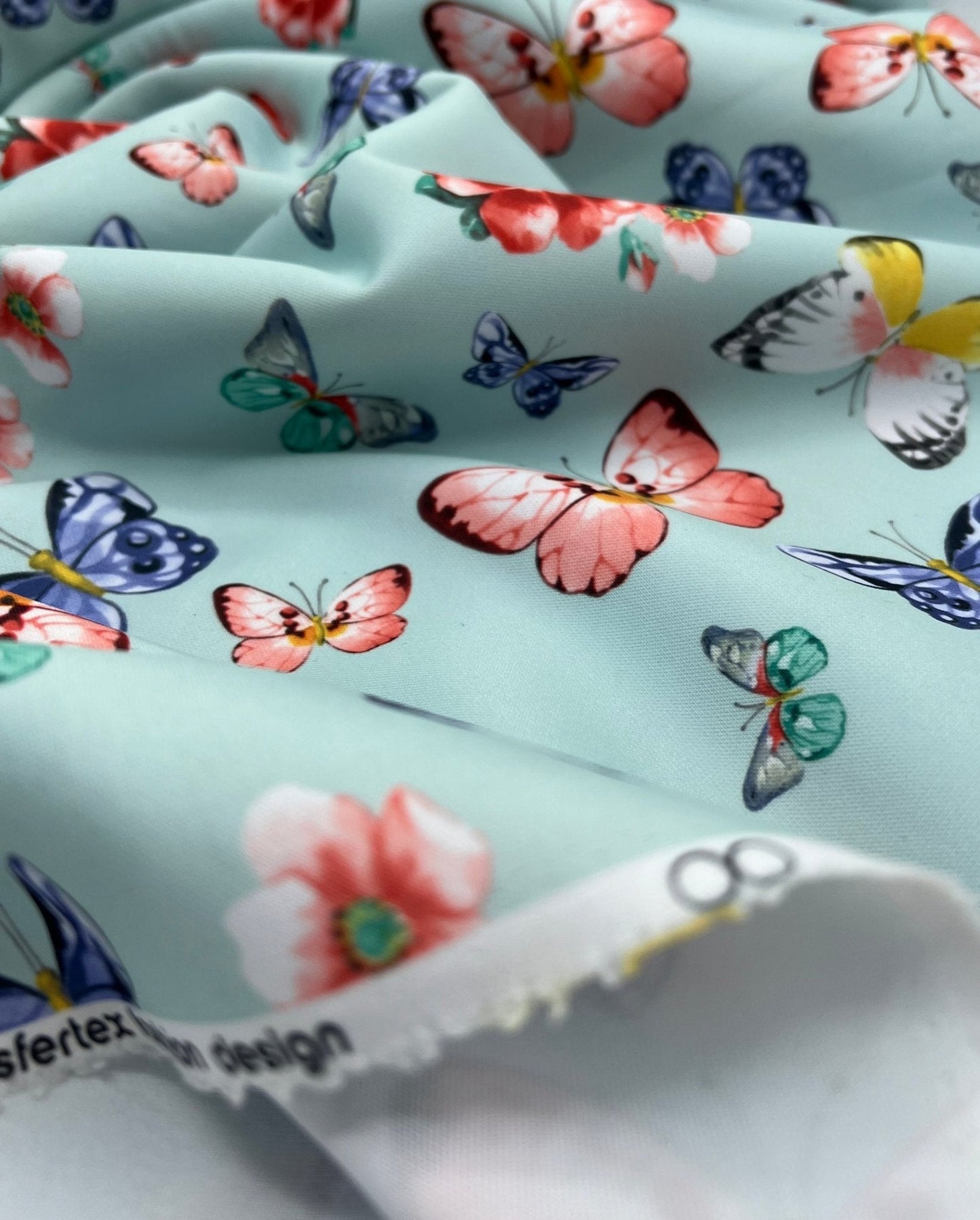 Blue Butterfly Printed Scuba Crepe Jersey Fabric 4 Way Stretch