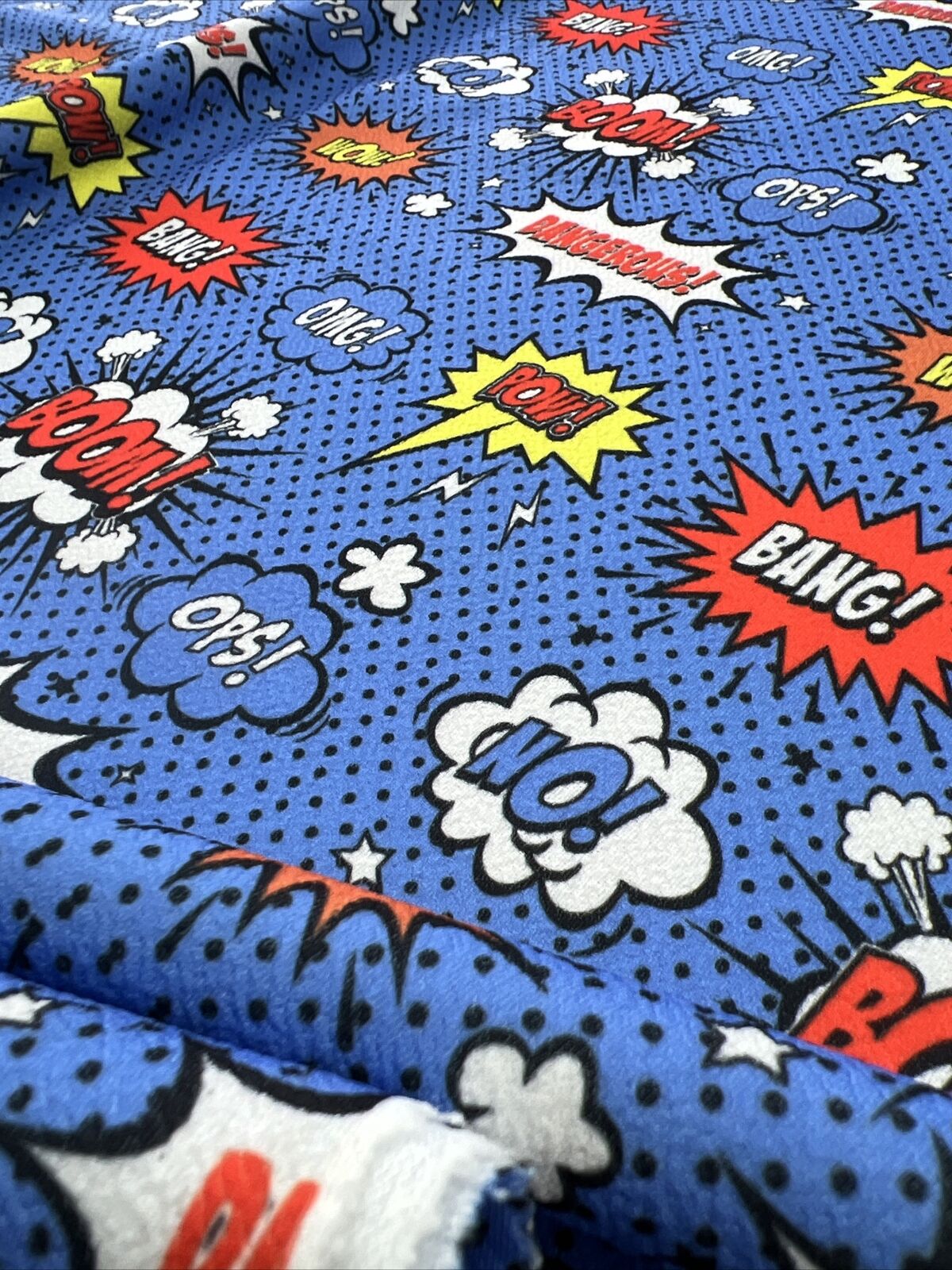 Blue Comic Print Liverpool Bullet Stretch Fabric