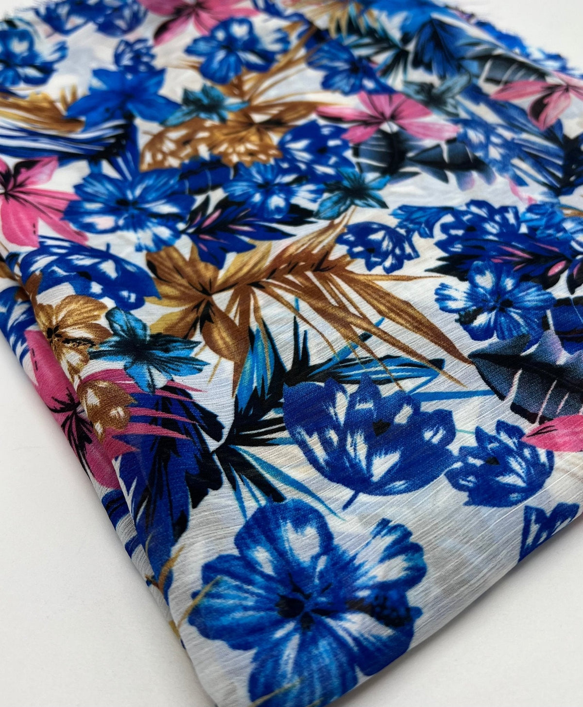 Blue Floral Lightweight Crinkle Crepe Non Stretch Fabric