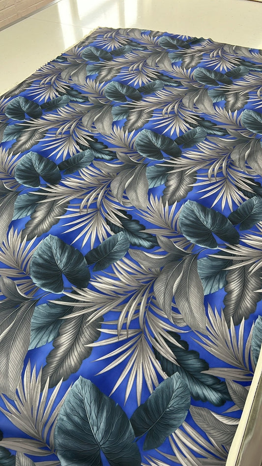 Blue Grey Leaf Printed Plain Scuba 4 Way Stretch Jersey Fabric