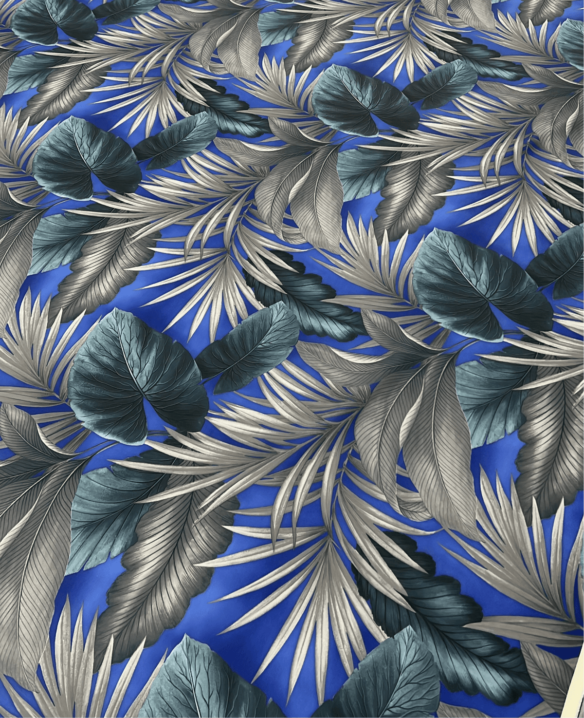 Blue Grey Leaf Printed Plain Scuba 4 Way Stretch Jersey Fabric