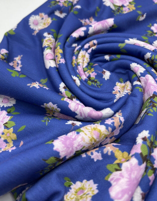 Blue Lilac Floral Print Spun Poly Stretch Fabric