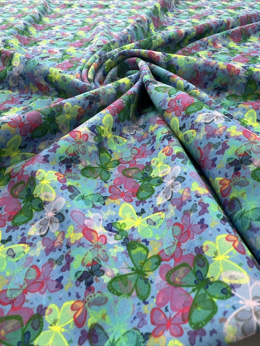 Blue Multi Butterfly Printed Scuba Crepe Jersey Fabric 4 Way Stretch