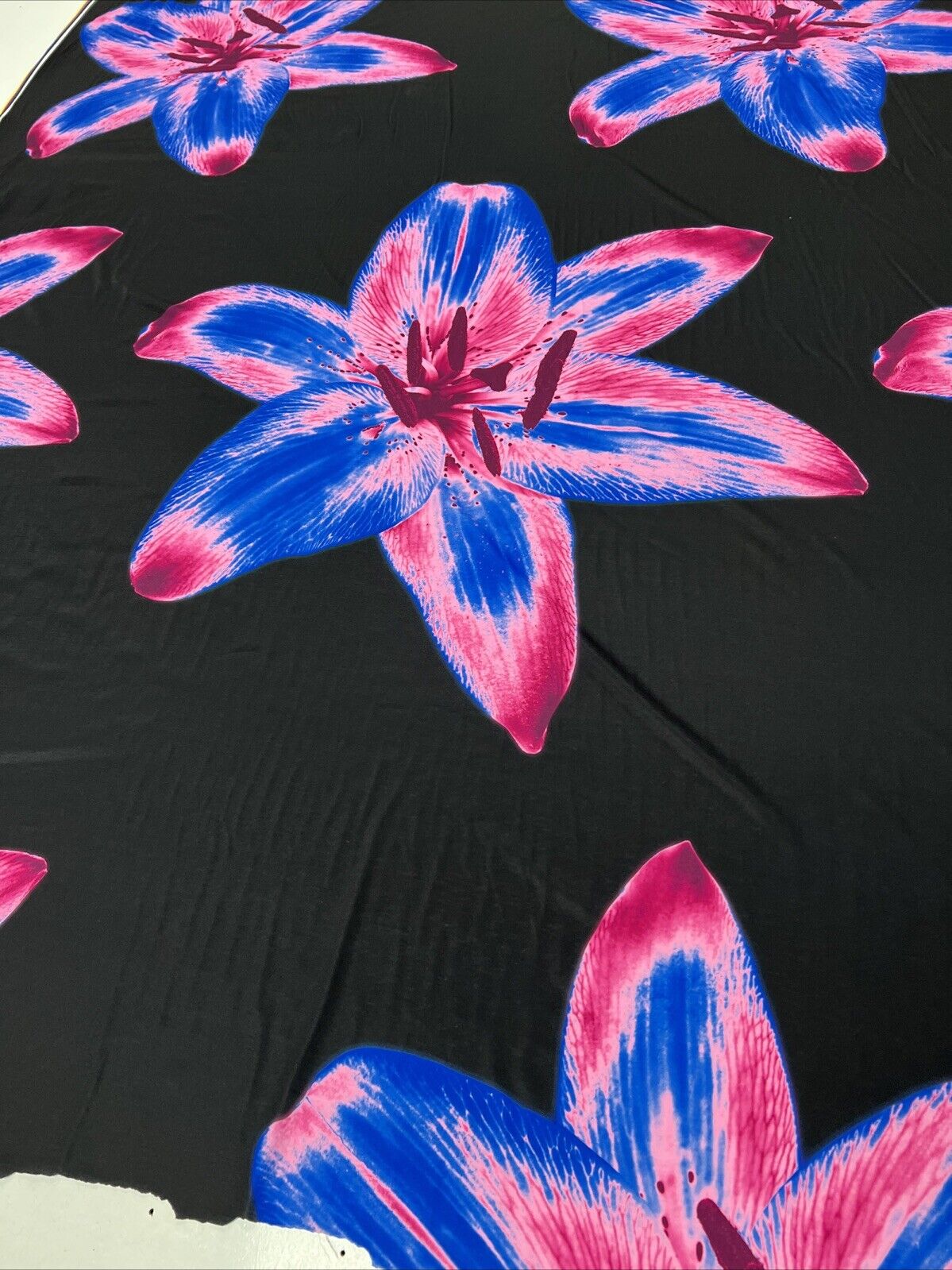 Blue Pink Large Floral Print Spun Poly Stretch Fabric