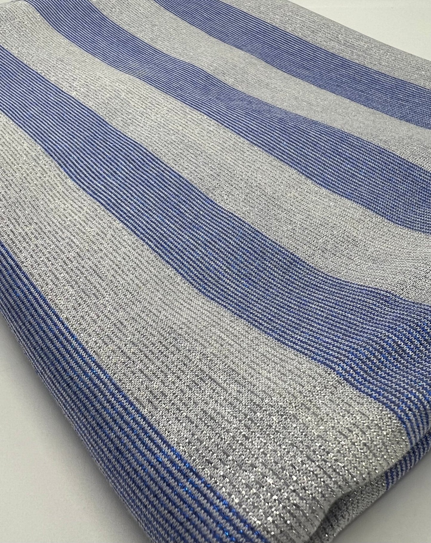 Blue Silver Metallic Stripe Knitted 2 Way Stretch Fabric