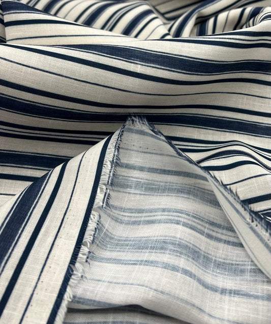 Blue Stripe Linen Look Non Stretch Fabric