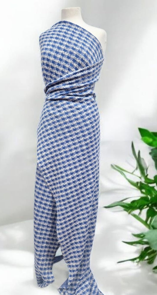 Blue White Gingham Gold Speckles Jacquard Stretch Fabric