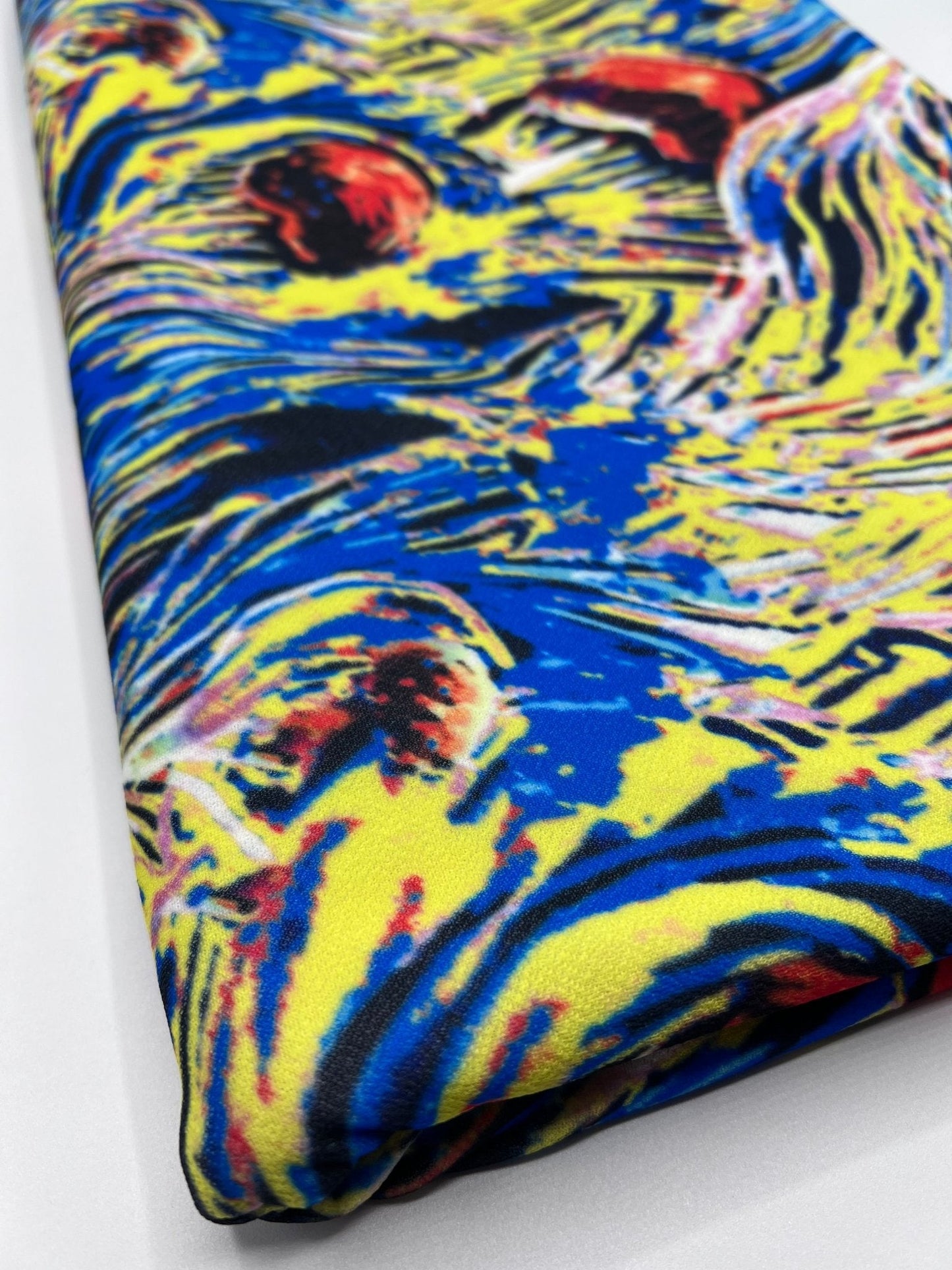Blue Yellow Mix Print Lightweight Jersey Crepe Fabric 4 Way Stretch