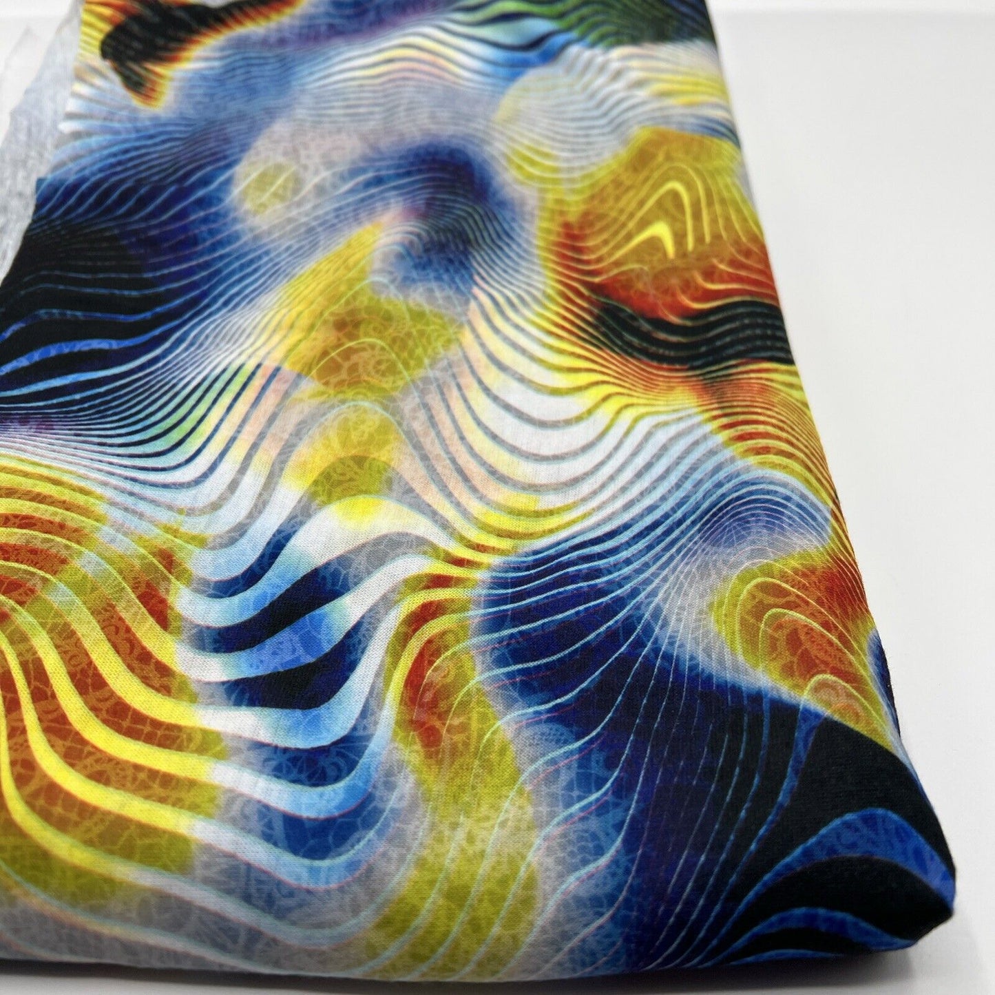 Blue Yellow Mix Print Polyester Stretch Jersey