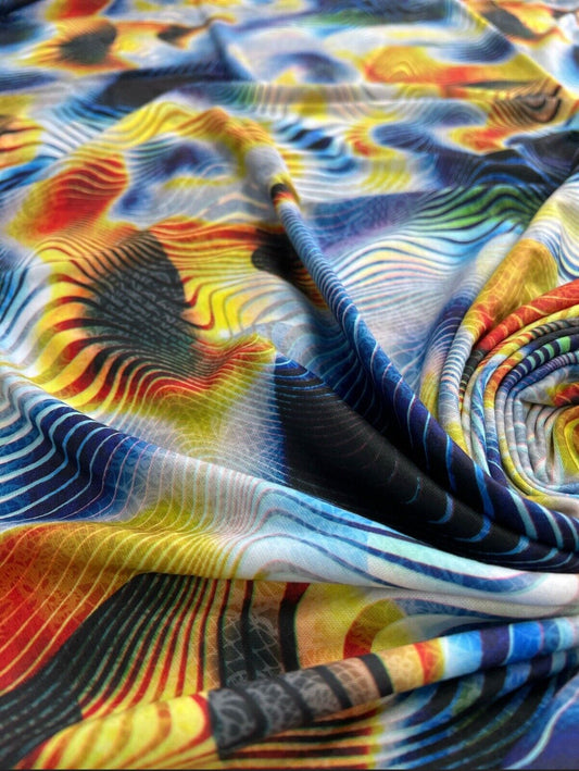 Blue Yellow Mix Print Polyester Stretch Jersey