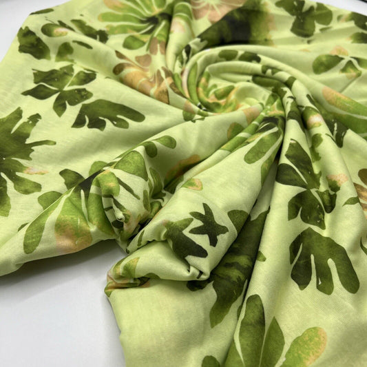 Bright Green Floral Print Spun Poly Stretch Fabric