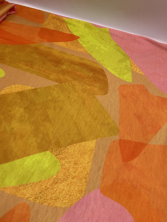Bright Orange, Pink & Yellow Multi Print Spun Poly Stretch Fabric