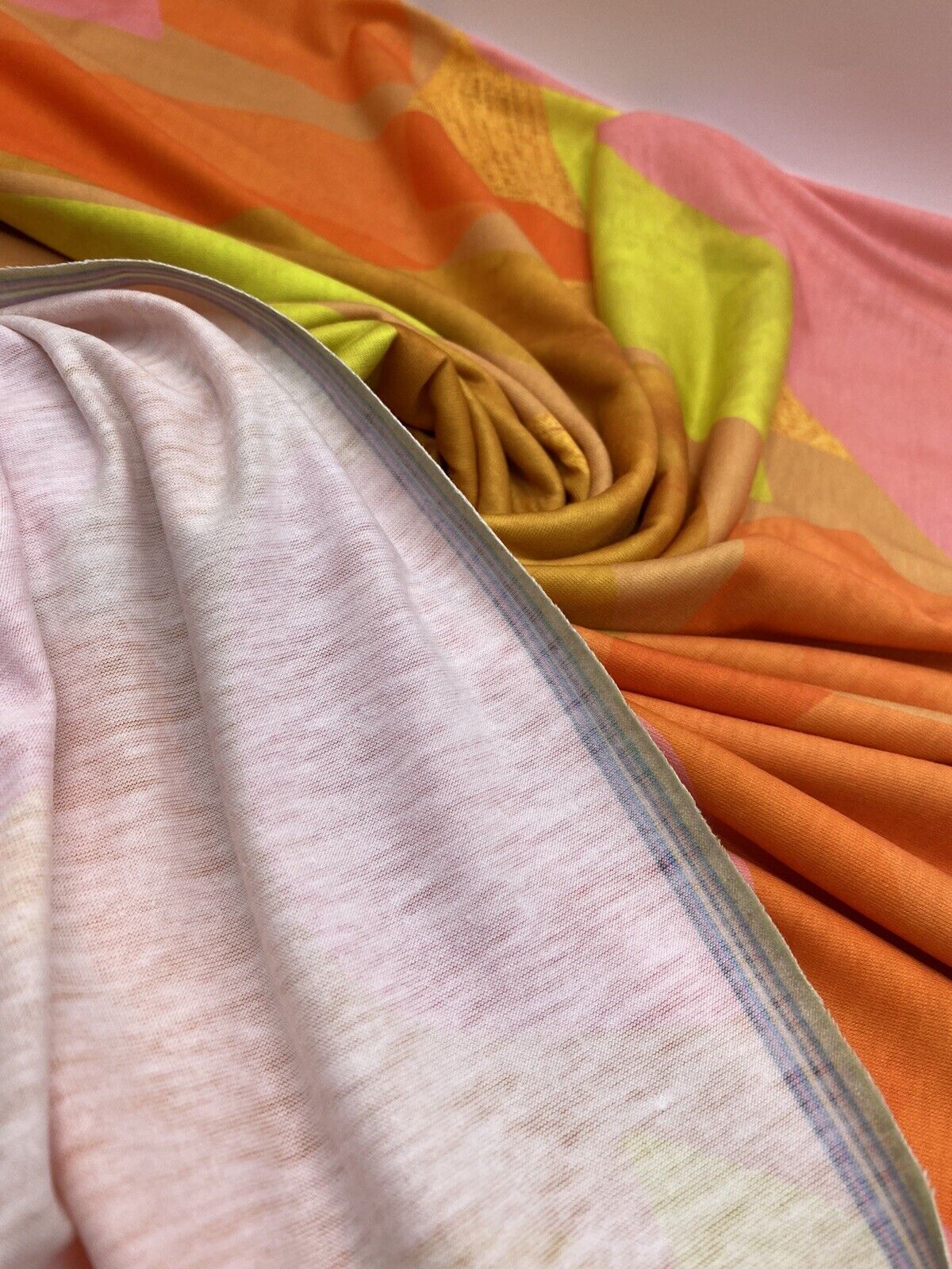 Bright Orange, Pink & Yellow Multi Print Spun Poly Stretch Fabric