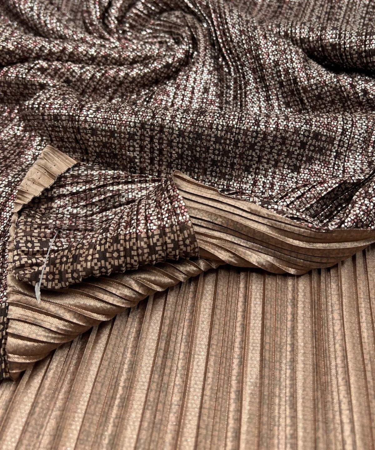 Bronze Silver Metallic Foil Shiny Plisse Pleated Stretch Fabric