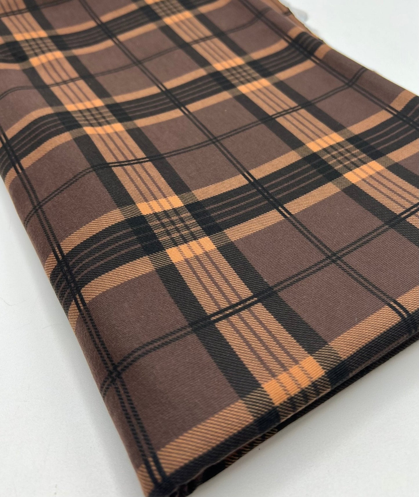 Brown Orange Check Print Spun Poly Stretch Fabric