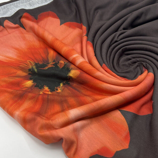 Brown Orange Flower Spun Poly Stretch Fabric