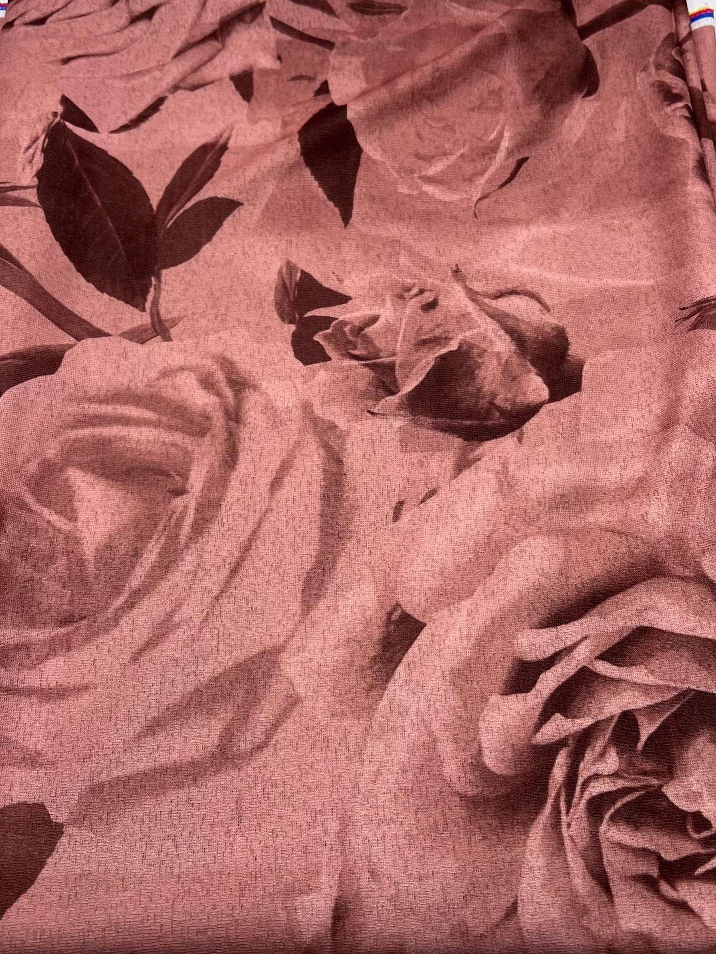 Brown Rose Printed Lightweight Onionskin Stretch Fabric