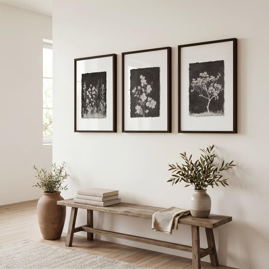 Brown Wall Art Rustic Botanical Wildflowers & Blossom Tree Prints | Set of 3