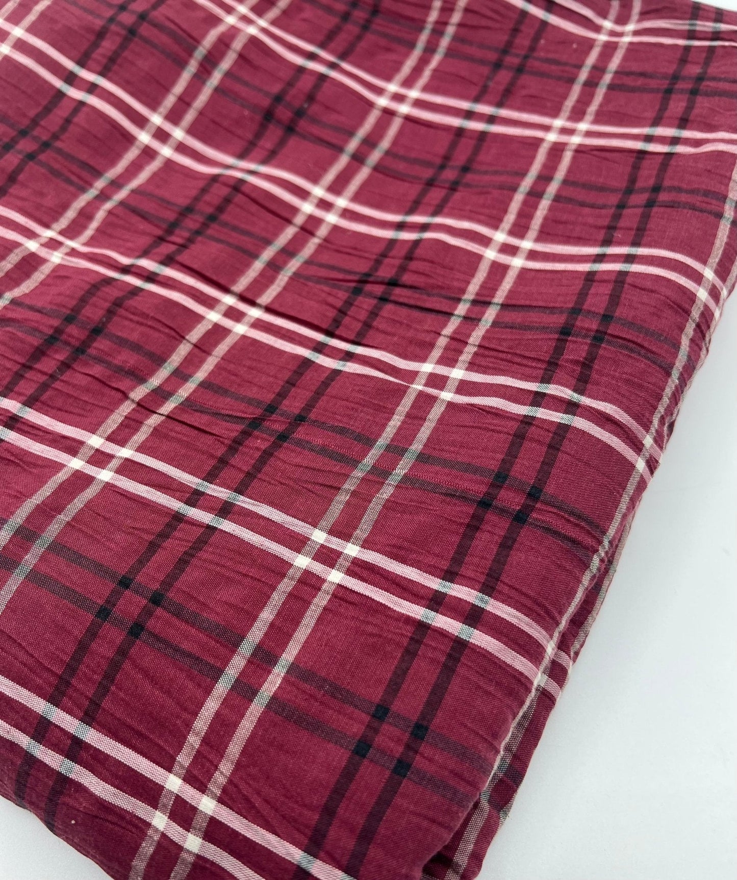 Burgundy Black Check Crinkled Lightweight Non Stretch Woven Fabric