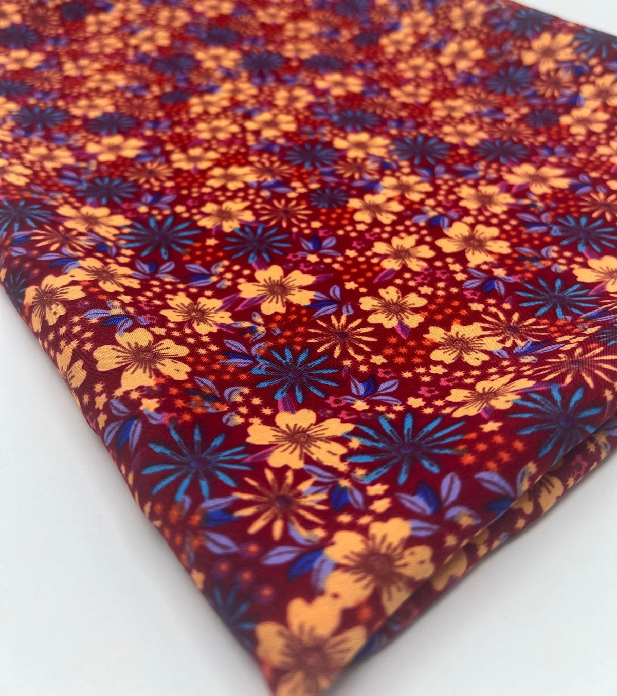 Burgundy Red Blue Floral Lightweight Non Stretch Woven Fabric