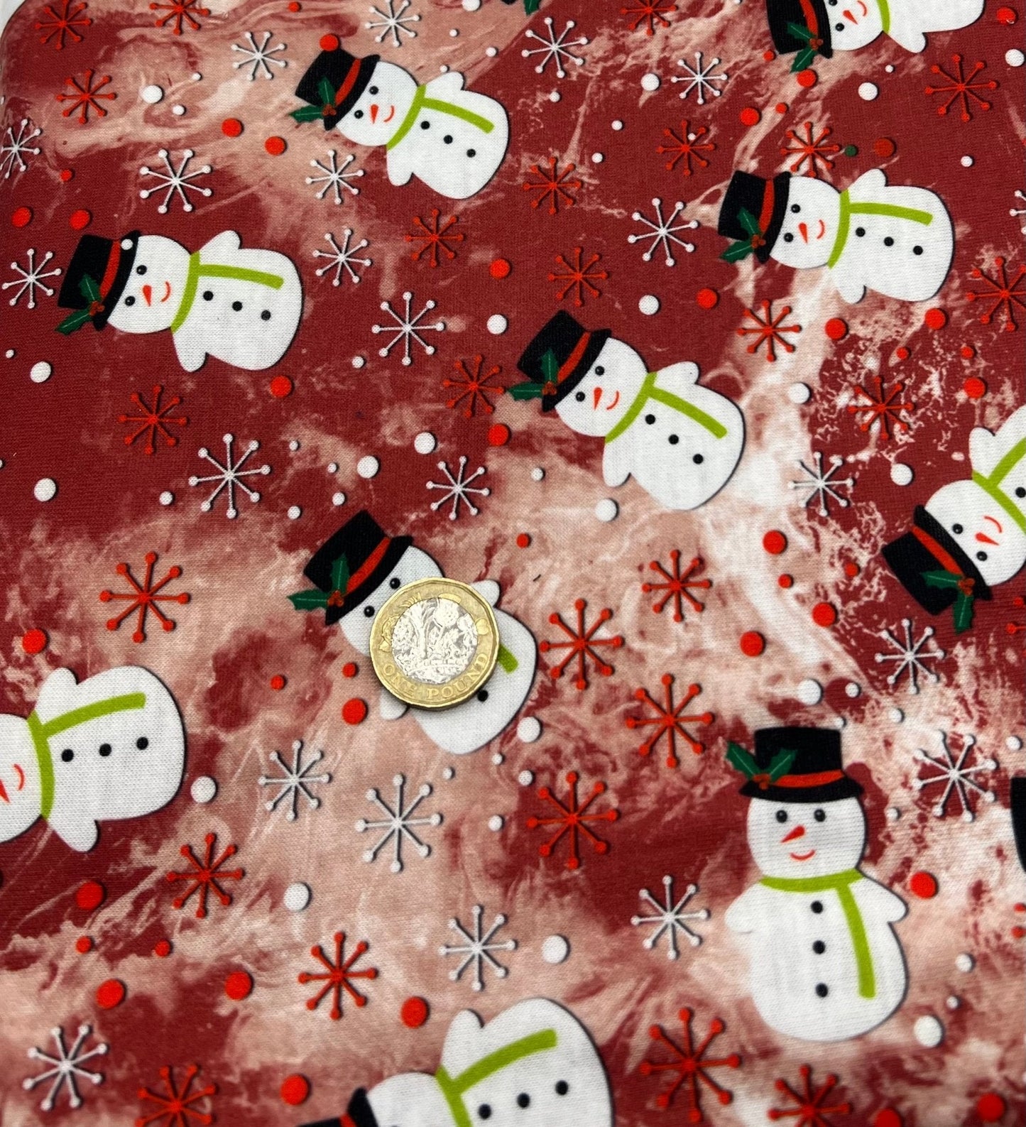 Burgundy Red Snowman Print Soft Spun Poly Stretch Fabric