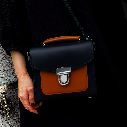 Handmade Leather Two Tone Sugarcube Handbag Black - Burnt Orange