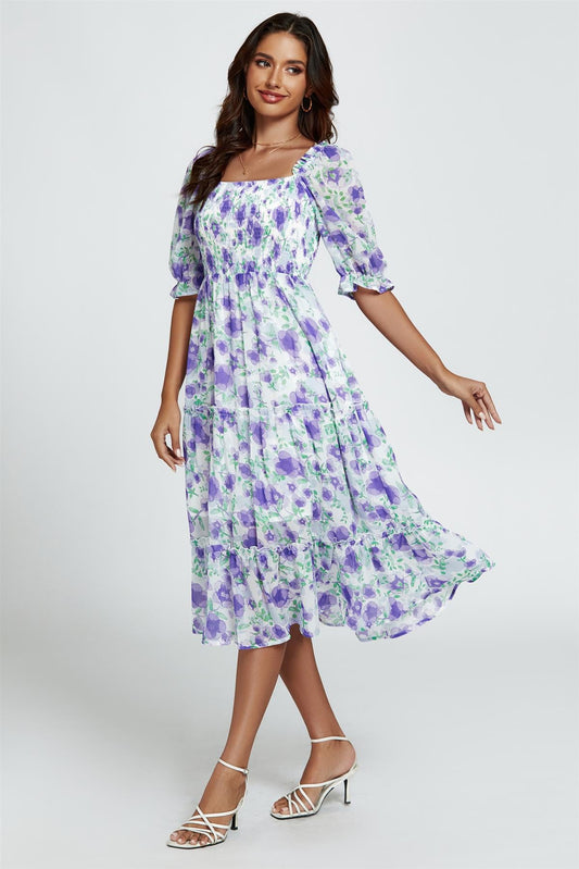 Floral Print Bardot Puff Sleeve Elasticated Detail Midi Dress In White
