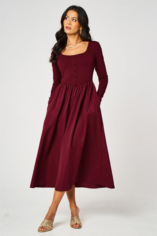 Burgundy Square Neck Button-Front Long Sleeve Midi Dress