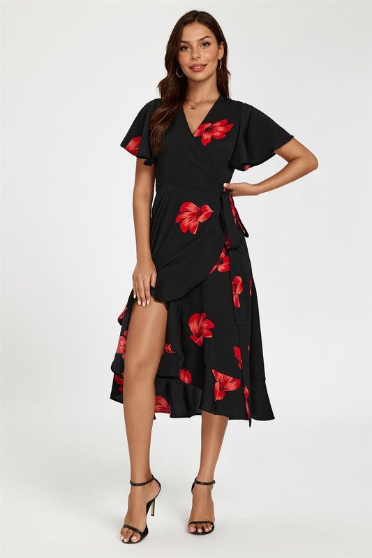 Floral Print Angel Sleeve Wrap Dress In Black