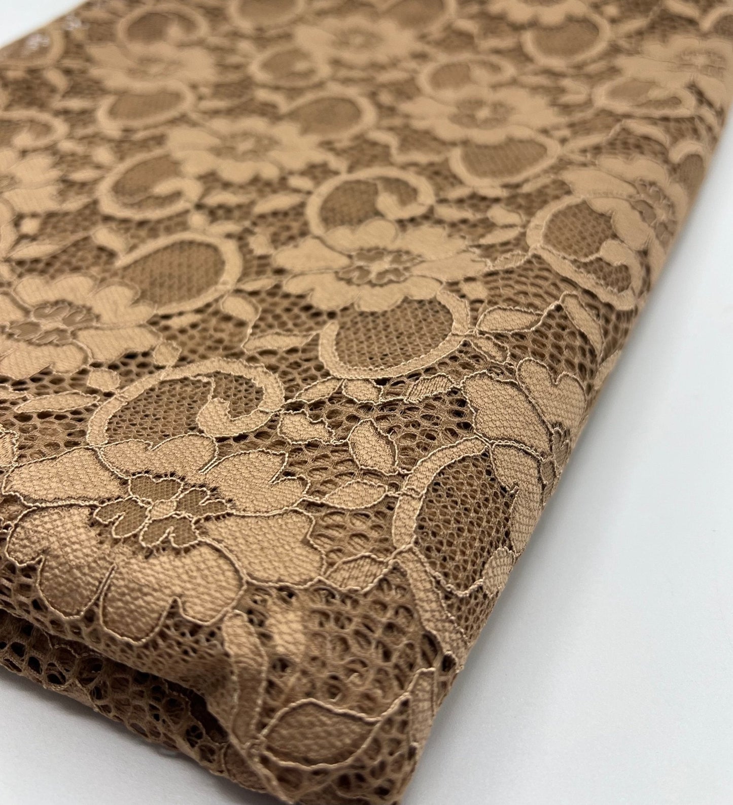 Camel Scalloped Edge Floral Lace Fabric Stretch