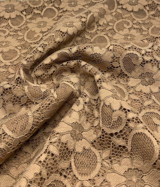 Camel Scalloped Edge Floral Lace Fabric Stretch