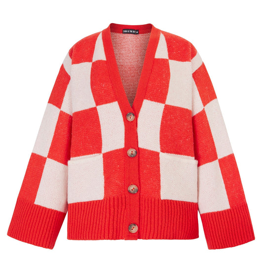 Candice Checkerboard Wide Sleeve Cardigan - Red & White