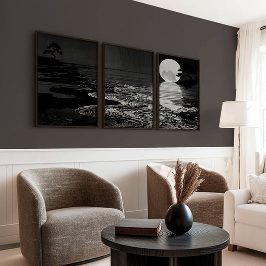 Canvas Pictures for Living Room Japandi Moon Landscape Black & White | Set of 3