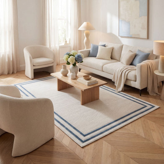 Carmel Cream-Blue Bordered Rug | 6060