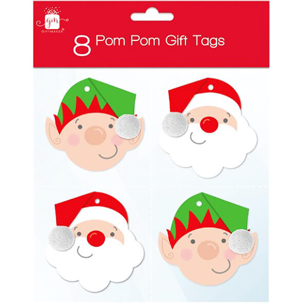 Pack of 8 Santa and Elf Christmas Gift Tags with Pom Pom Details
