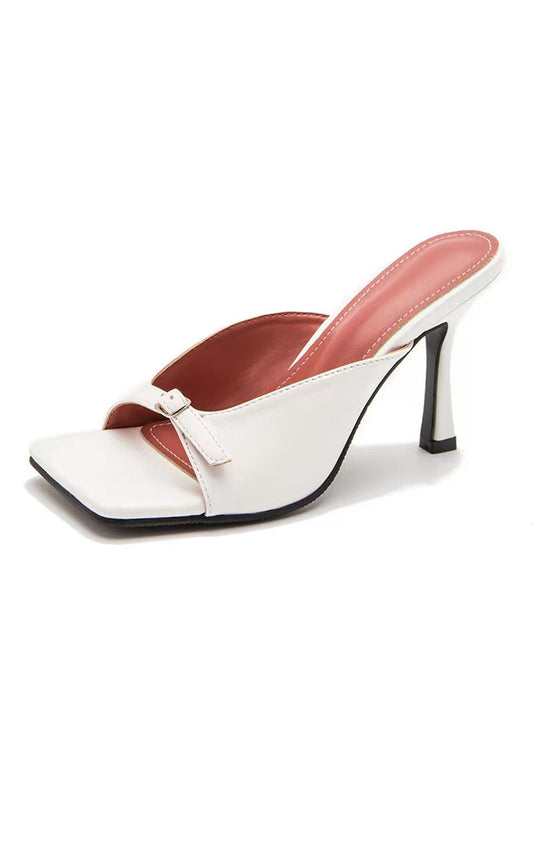 Buckle Detailing High Heeled Mule Sandal In White