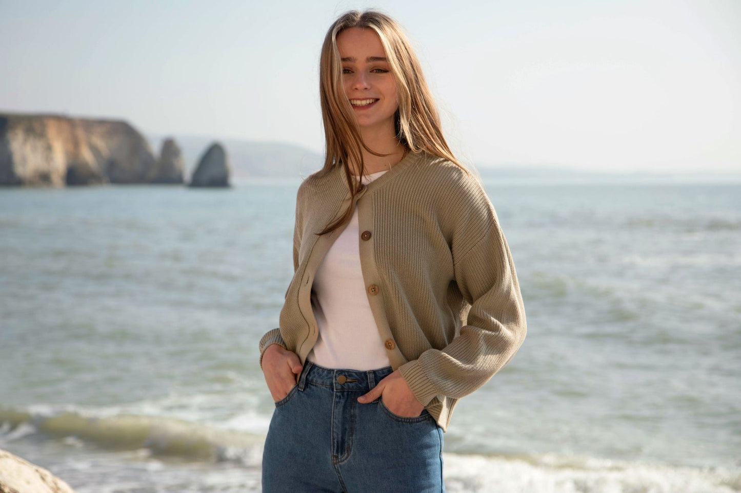 Organic Cotton Crew Neck Cardigan: Womens