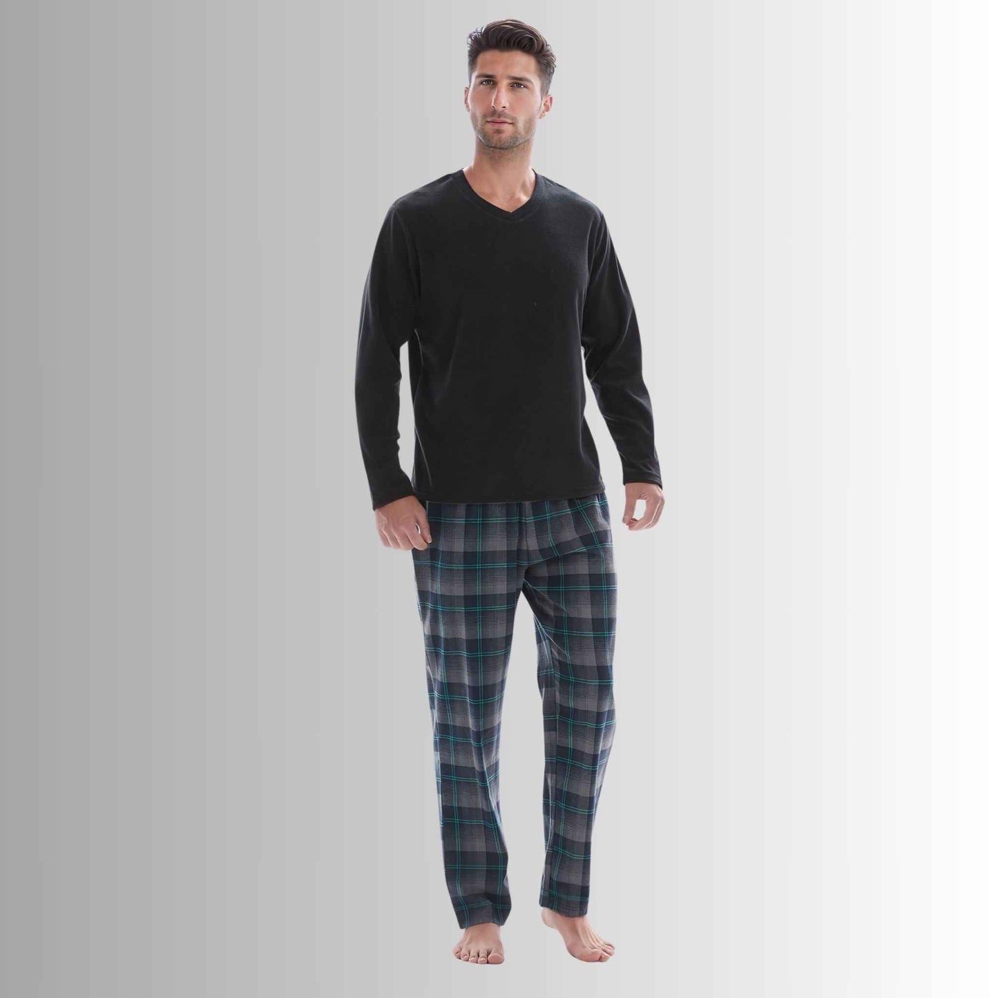 Men's Checkered Pyjamas Loungewear with Fleece Top and Cotton Bottoms