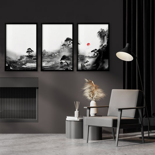 Chinese Wall Art Black & White Ink Landscape Red Sun Japandi | Set of 3