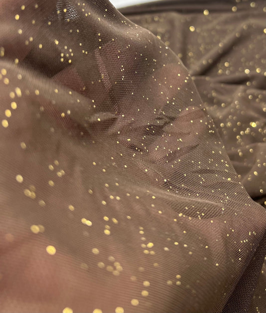 Chocolate Gold Glitter Sparkle Mesh Fabric Stretch