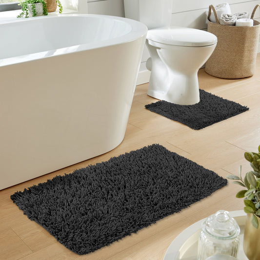 Como 2 Piece Black Bath Mat & Pedestal Set Non-Slip Super Absorbent Cotton Bathroom Mats by OLIVIA ROCCO